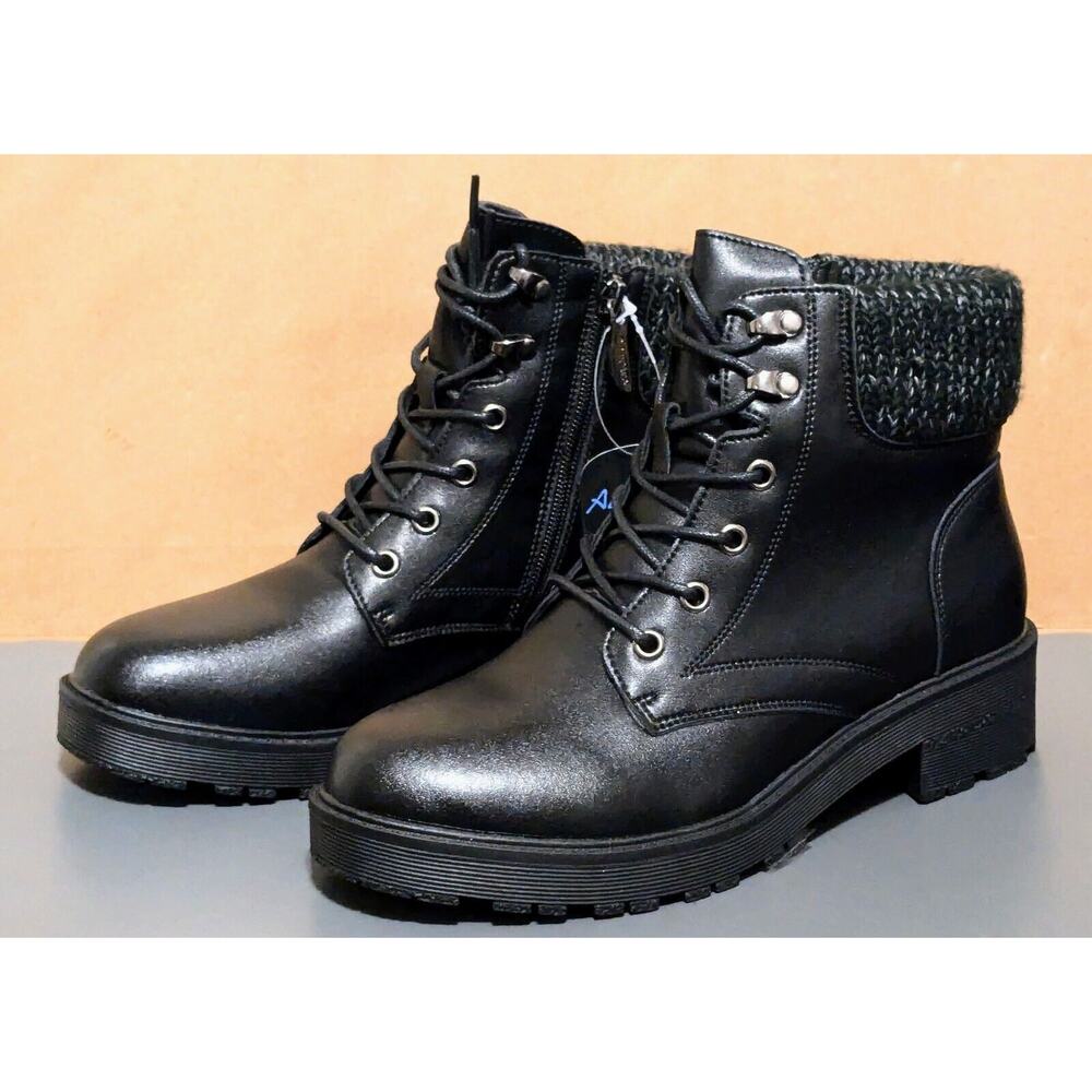 AquaDiva Boots Womens 8.5 Black Combat Leather Side Zip NEW Knit Cuff Lug Chunky
